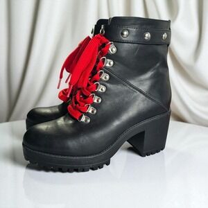 Forever 21 Boots Woman 8 Black Red Laces Faux Leather Block Heel Goth Grunge